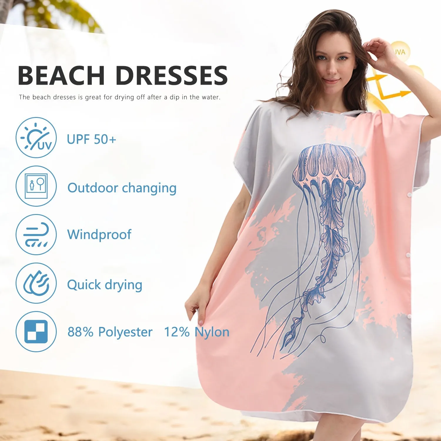 Gown Robe Absorbent Wearable Towel Hooded Cape Jellyfish Print Beach Robe Pink And Gray Oversized Swim Robe Quick