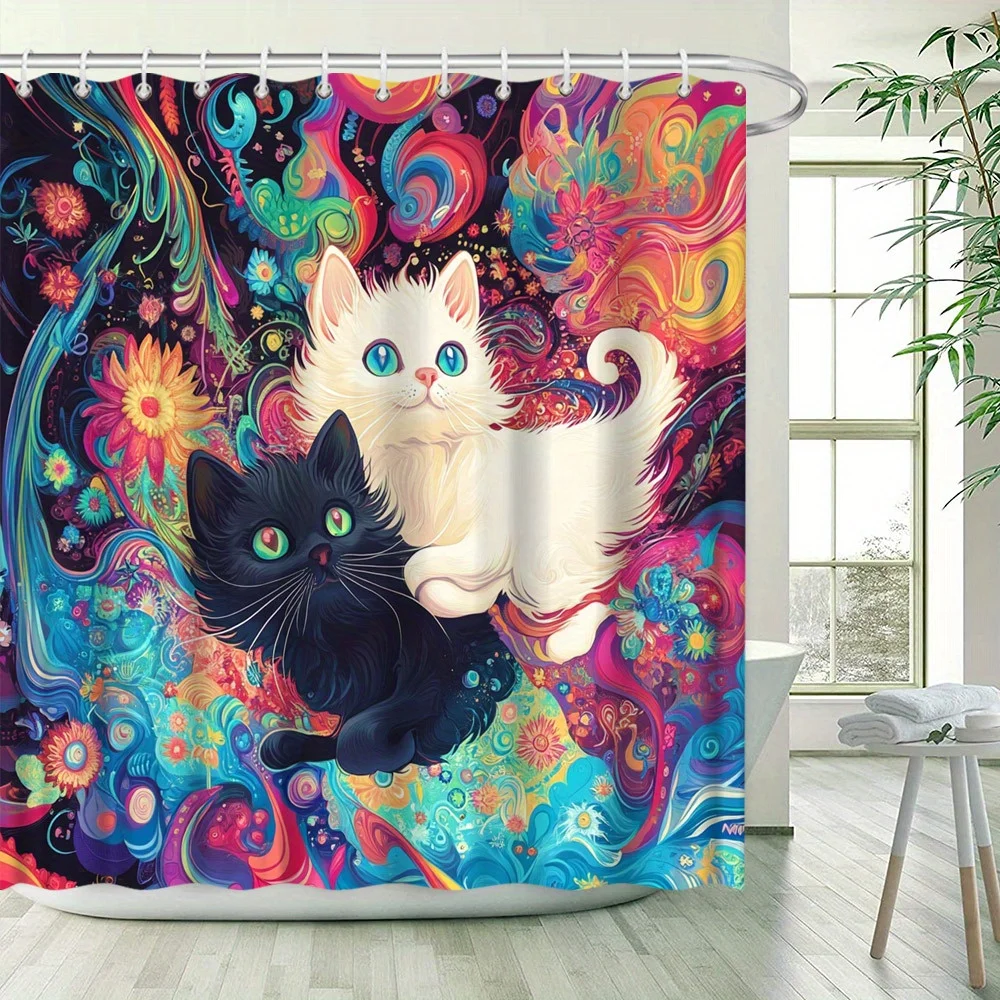 

Психоделическая водонепроницаемая занавеска для душа с черно-белыми кошками для современного декора ванной комнаты, стильная и прочная