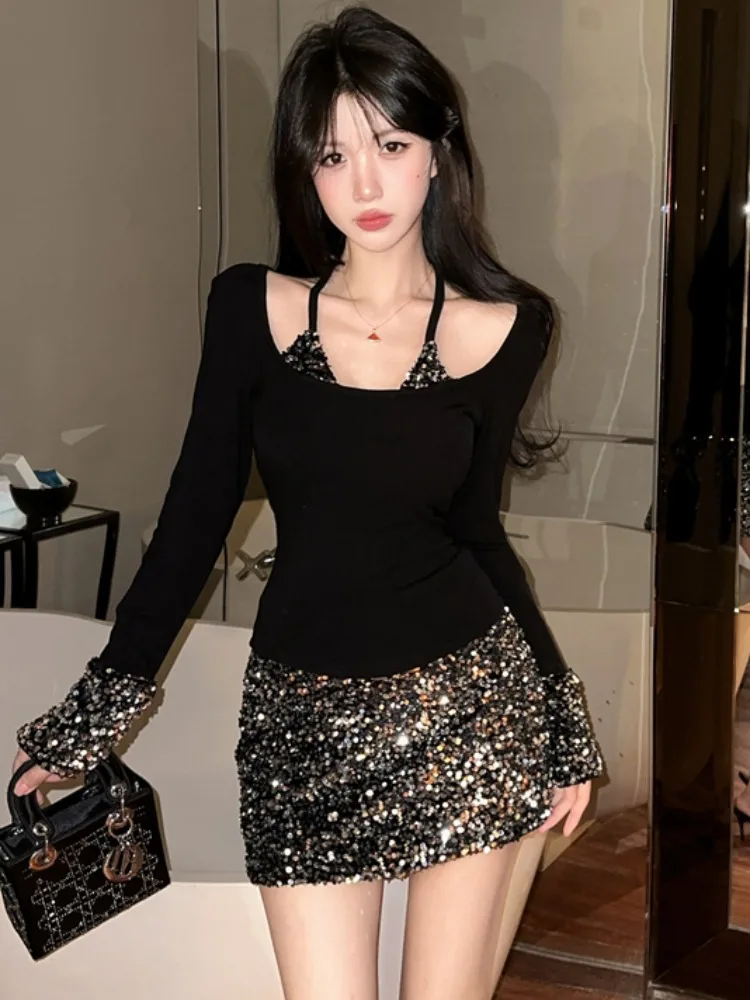 

Korean Style Fashionable Half-length Women's Set Sexy Splice Top Stylish Skirt Casual Spring Long Sleeve Color