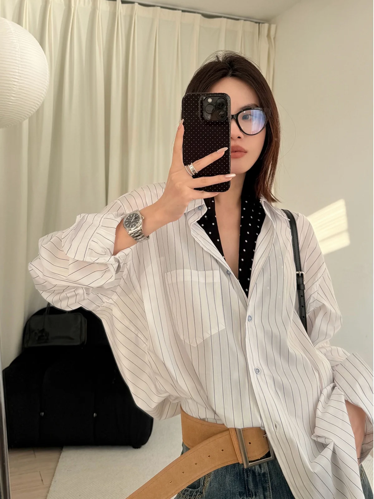 

MUCCHIC Striped Long Sve irt Women's Loose Fit Cotton Blend Neline Versatile Sle Regular Length Premium Quali