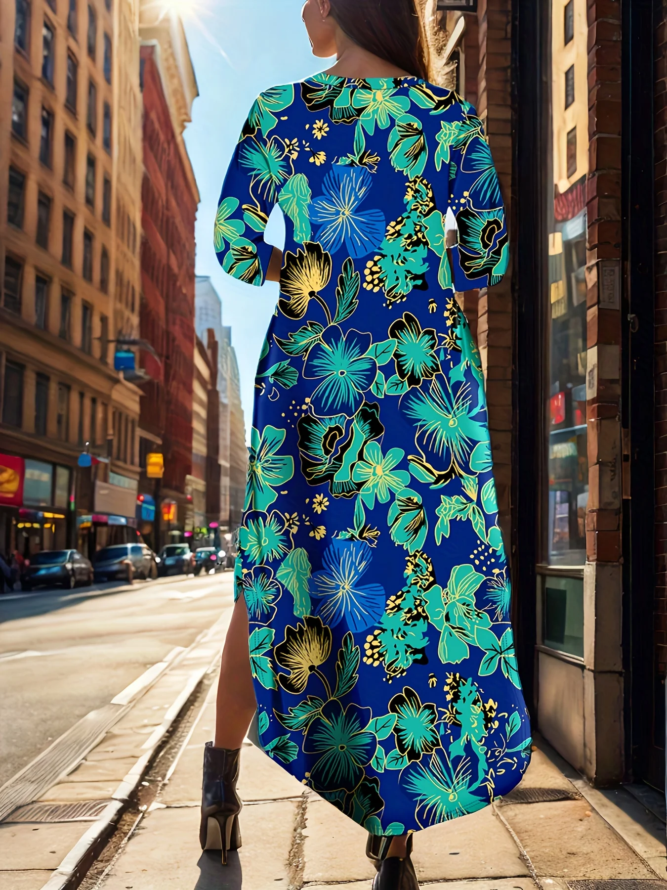 Robe longue à fleurs tropicales dorées pour femmes, base bleue accentuée, manches 3/4, col rond, poches, fente latérale