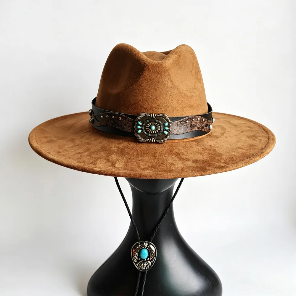 Western Cowboy Fedora Hat Women Men Faux Suede hat with windproof rope  Bolo Tie Turquoise Concho Leather Band Fedora Cap