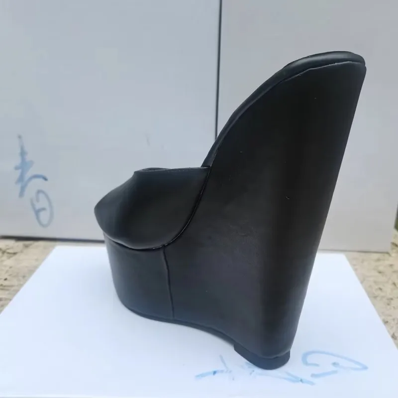 

DIZHUANG Sexy women's high-heeled slippers. Black (burgundy) PU leather slippers About 20cm heel height Wedges platform slippers
