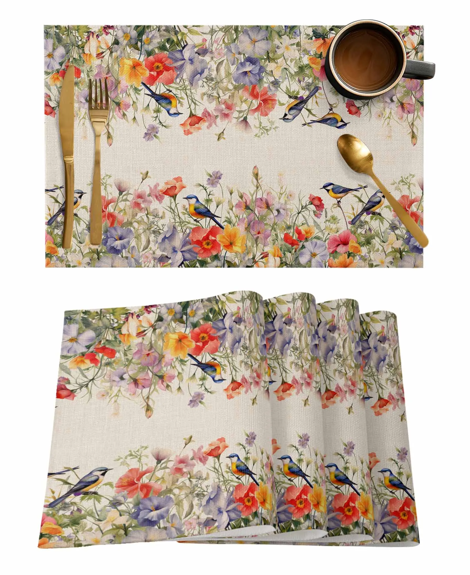 Flower Watercolor Bird Placemat Wedding Party Dining Decor Linen Table Mat Kitchen Accessories Table Napkin