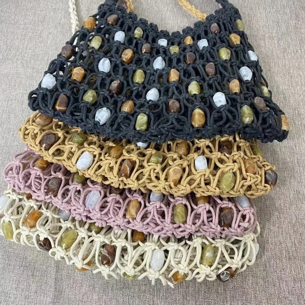 New Hollow Woven Bead Shoulder Bag Summer Bohemian Crochet Mesh Bag Colorful Large Capacity Tote Bag Outdoor