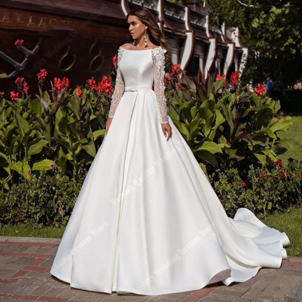 Off The Shoulder Women Wedding Dresses Elegant Long Sleeves A-Line Bridal Gowns Mopping Length Celebrity Ball Vestidos De Novia