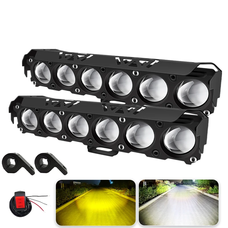 

6 Lens Motorcycle LED Spotlight Dual Color Hi/Low Beam Driving Fog Lamp For Trucks SUV UTV 12V 24V Mini Lens Auxiliary Headlight