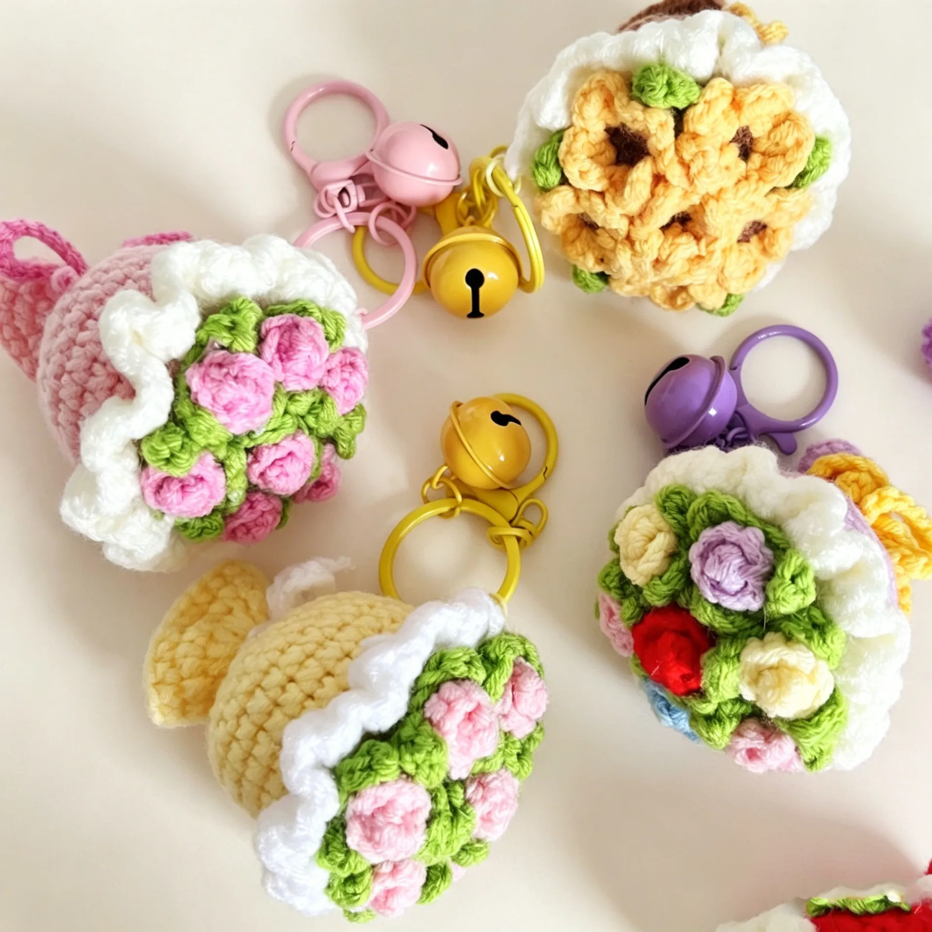 Crocheted Finished Wool Hand Held Rose Flower Keychain Pendant Sunflower Decoration Girl'S Gift