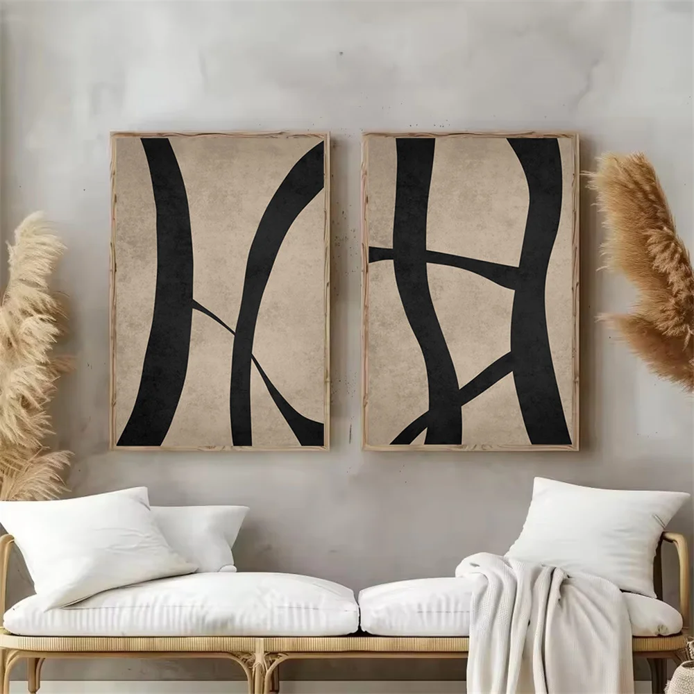 Modern Beige Black Abstract Minimalist Posters Wall Art Canvas Painting Boho Retro Art Prints Gallery Wall Pictures Home Decor