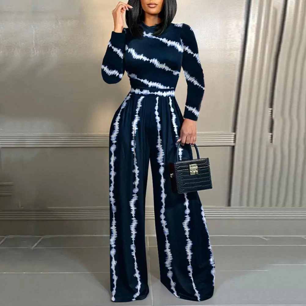 Women Autumn Winter Printing Jumpsuit Long Sleeve Waist Tight Wide Leg Elegant Office Lady Long Romper Streetwear