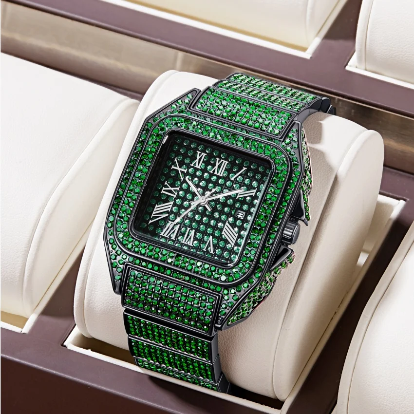 Green Diamond Iced Out Watch Black Plated 24mm Width Roman Numerals Dial Quartz Wristband Watch for Men Women