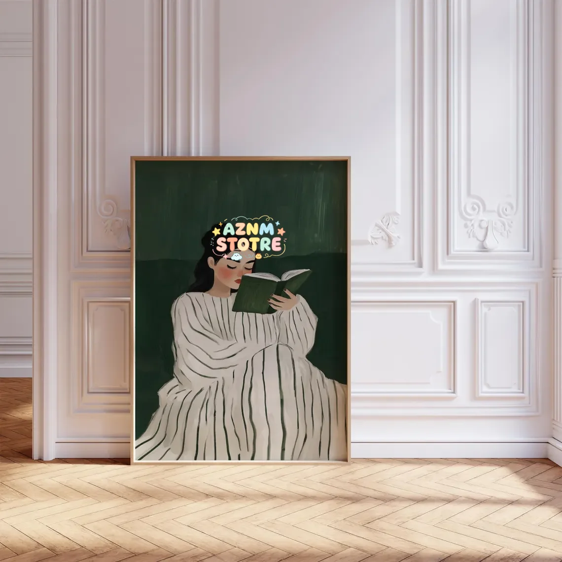Emerald Green Reading Woman Wall Art Large Abstract People Poster Cozy Striped Art Portrait Minimalist Contemporary Digital D