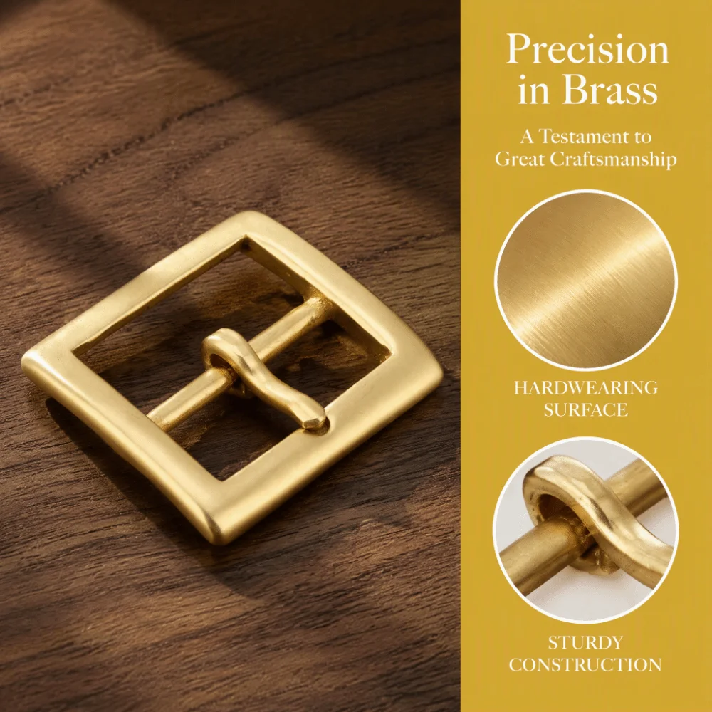 Metal Construction Brass Belt Buckle Single Pin End Bar Sturdy Build Square Center Bar Buckle 38x48mm Size Single Prong Buckle