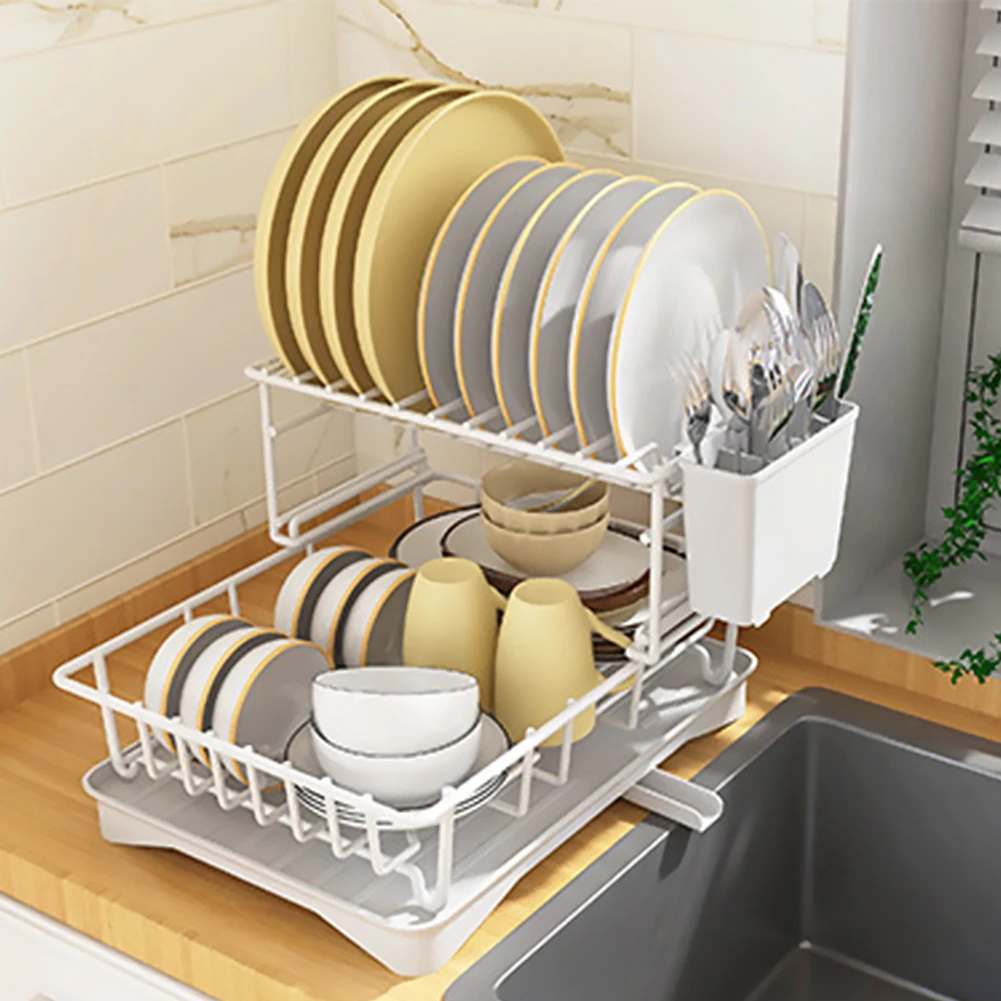 Double-layer Large Capacity Bowl Drying Rack Drain Basket Saving Space Stainless Steel with Wine Glass Holder for Cup Bowl Plate