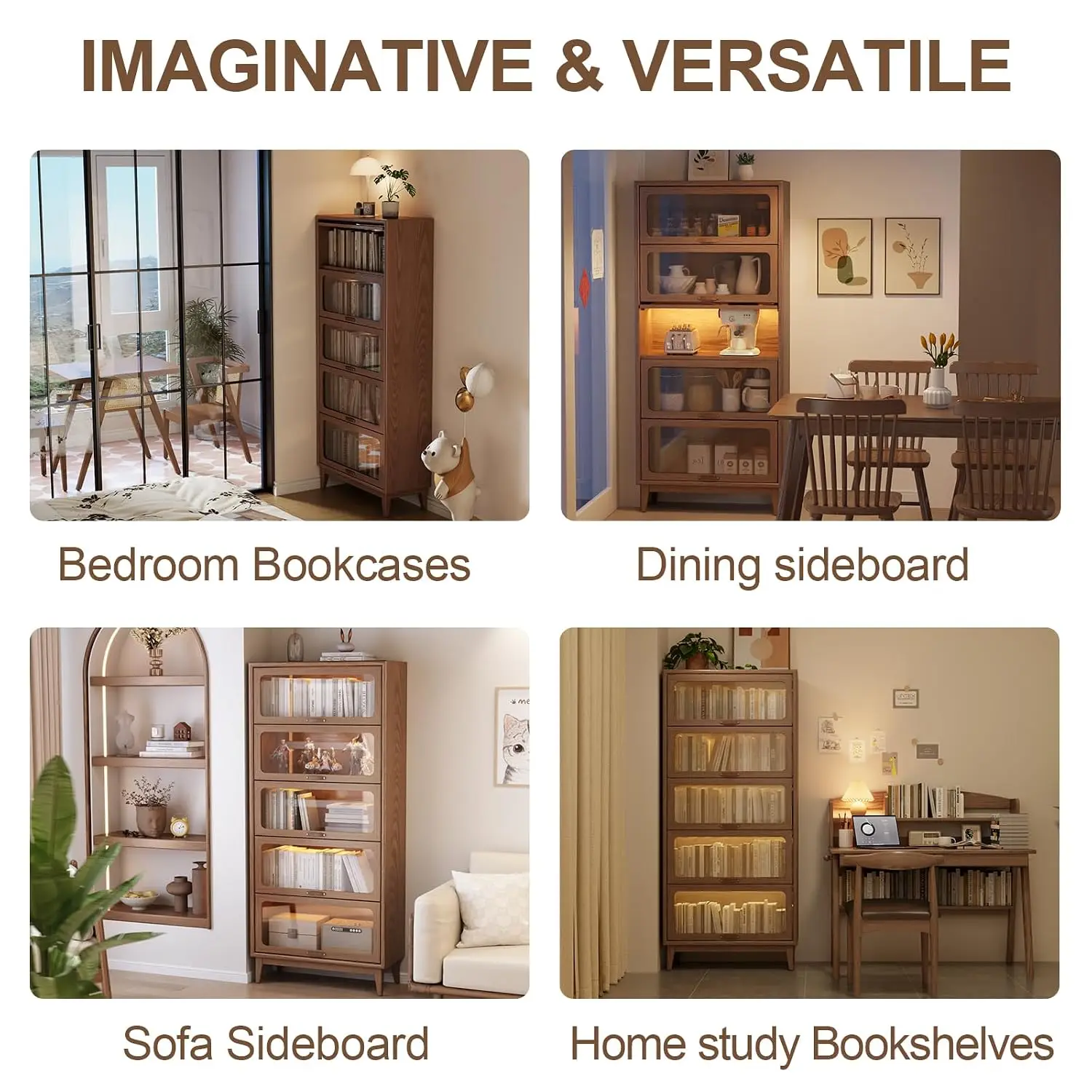 Solid Wood 5 Tier Bookcase with Glass Flip-Up Doors, Brown Cube Storage for Kitchen Home Office, 72