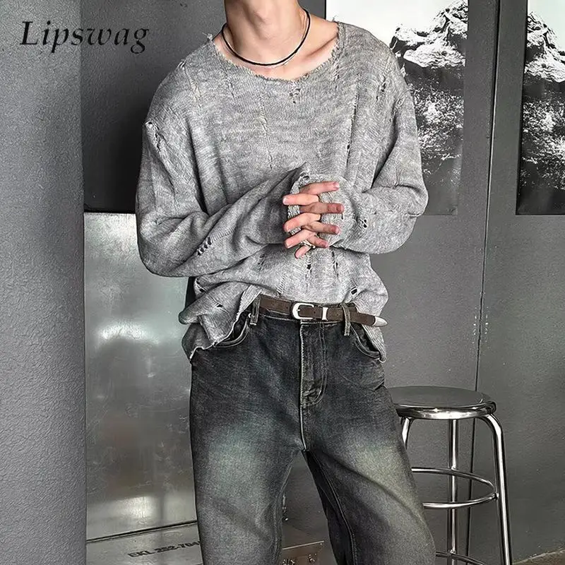 2026 Autumn Trendy Mens Hollow Out T Shirts Knitting Ripped Long Sleeve Crew Neck Pullover Tops Men Vintage Solid Color Slim Tee