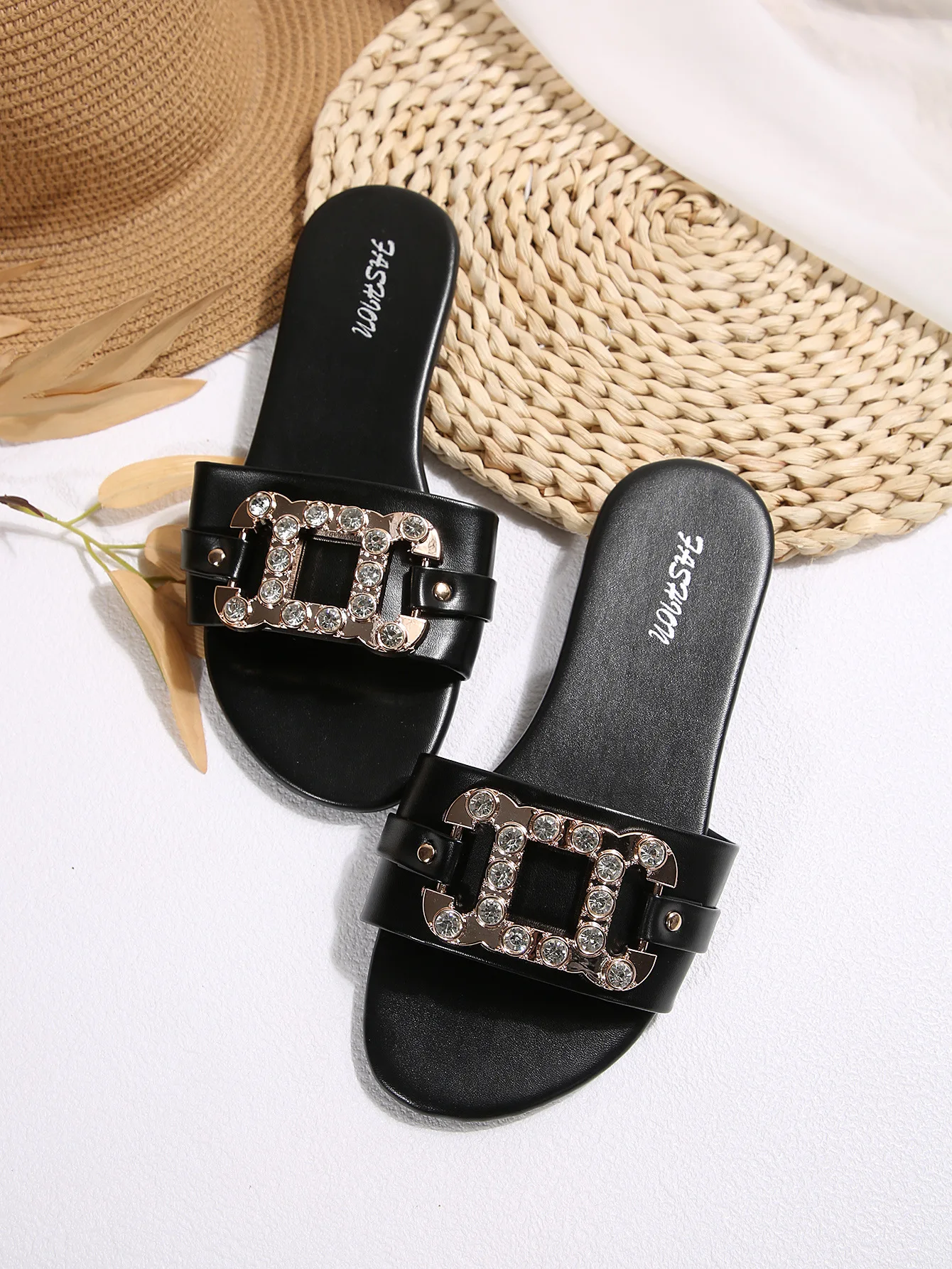 Modische Damen-Flachpantoffeln, Strass-Verzierte Einfarbige Offene Zehenpartie mit Metallschnalle für Tägliches Pendeln und Outdoor-Aktivitäten – Detail 7