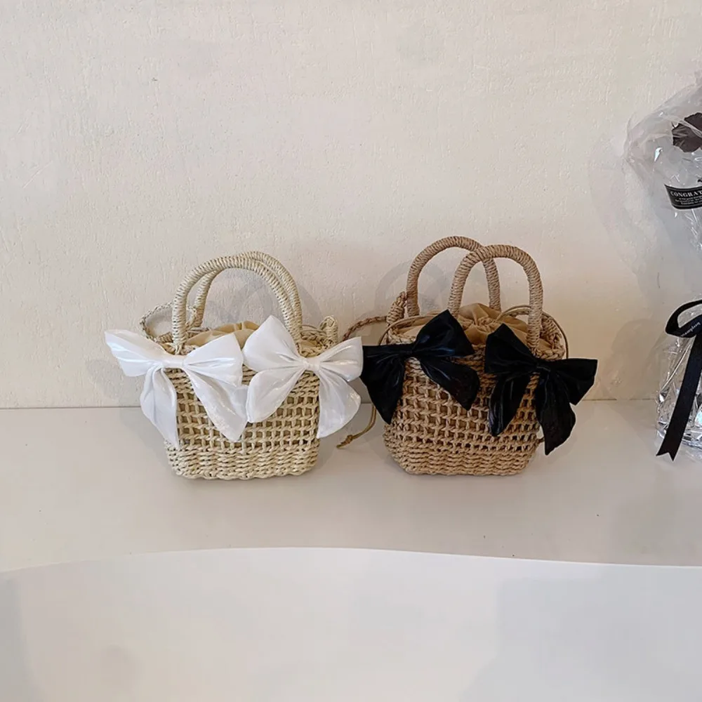

Luxury Designer Summer Bowknot Bucket Bag Large Capacity Hollow Out Weave Straw Bag Tote Cute Crochet Shoulder Bag Girls