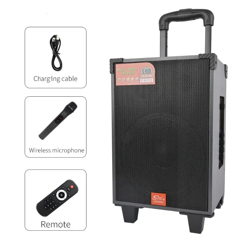 JQS908S Wireless Karaoke Bluetooth Speaker Portable Trolley Wooden Box with Microphone and Remote Control for Home Outdoor Stage