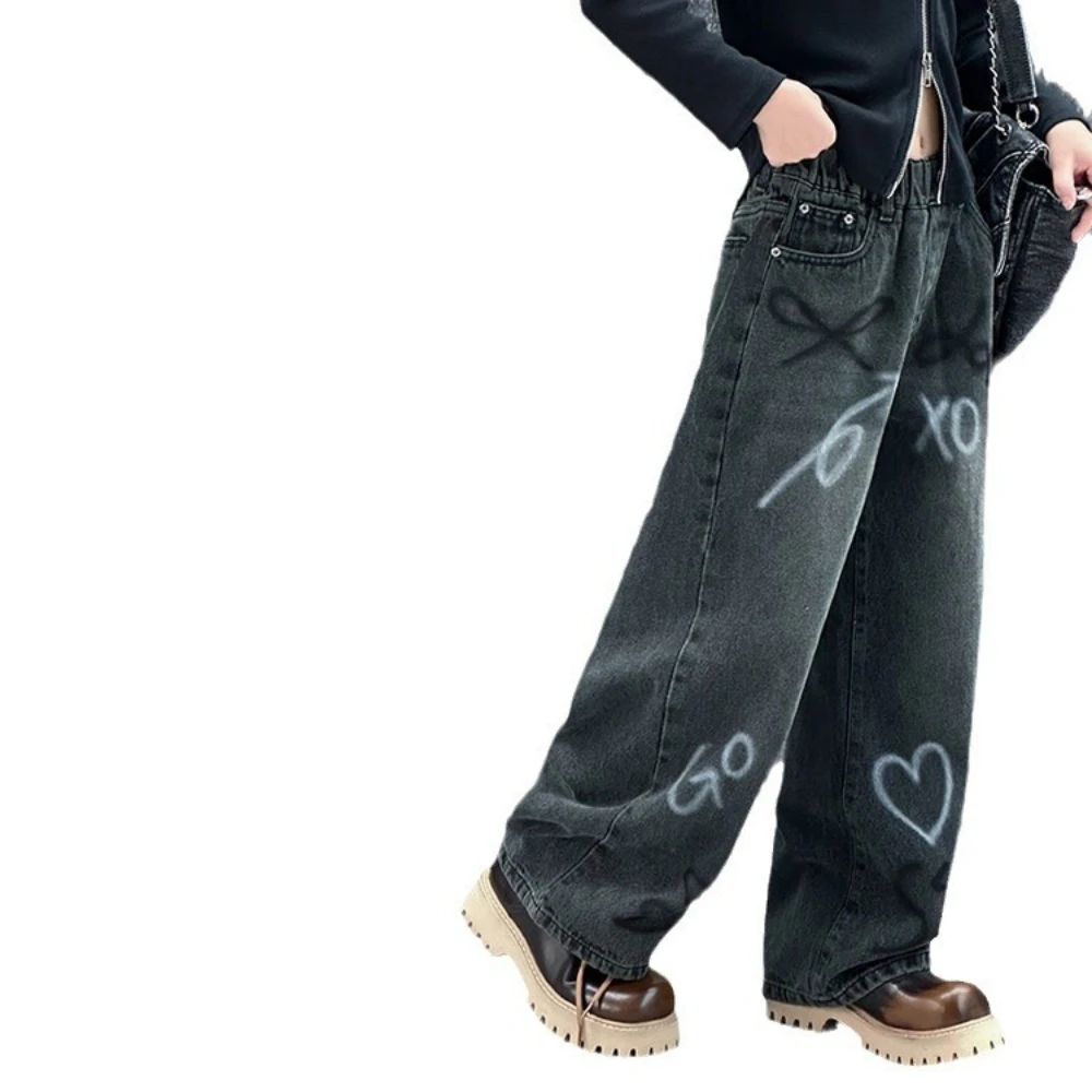 New Graffiti Jeans for Girls in Autumn 2024 Casual Student Straight  Wide Leg Pants