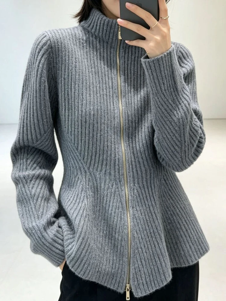 Women's half-neck zipper knitted cardigan with a fitted waist and ruffled hem, a slim daytime sweater-style coat