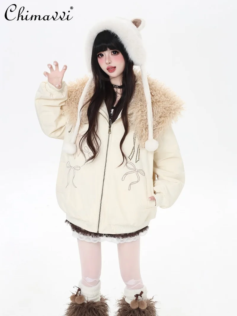 

Korean Fashion Sweet Girl Embroidered Apricot Coat Winter New Loose Fur Collar Long Sleeve Thickened Warm Cotton Jacket Women