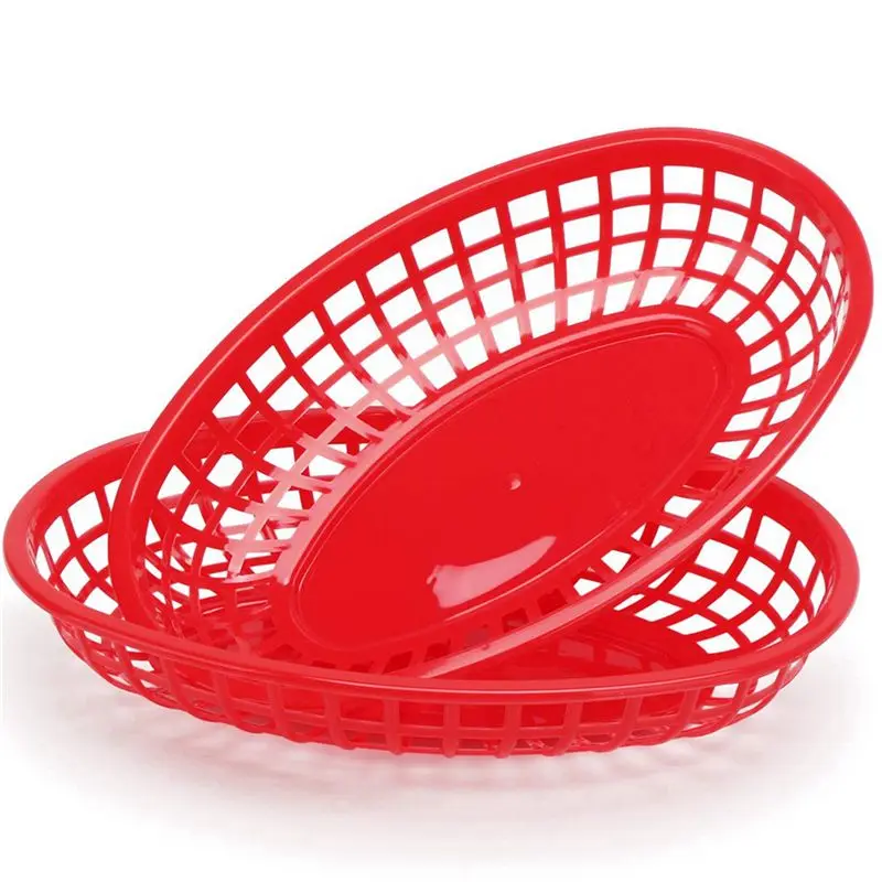 A36T-48Pcs Plastic Basket Serving Tray French Fries Basket Oval Fast Food Tray Restaurant Bar Fries Food Service Tray Red