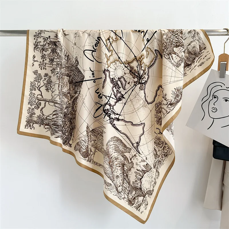 90*90cm World Map Printed Square Scarf Women Silk Scarves Bandanas Luxury Large Shawl Beach Wraps Elegant Hijab Sun Protection