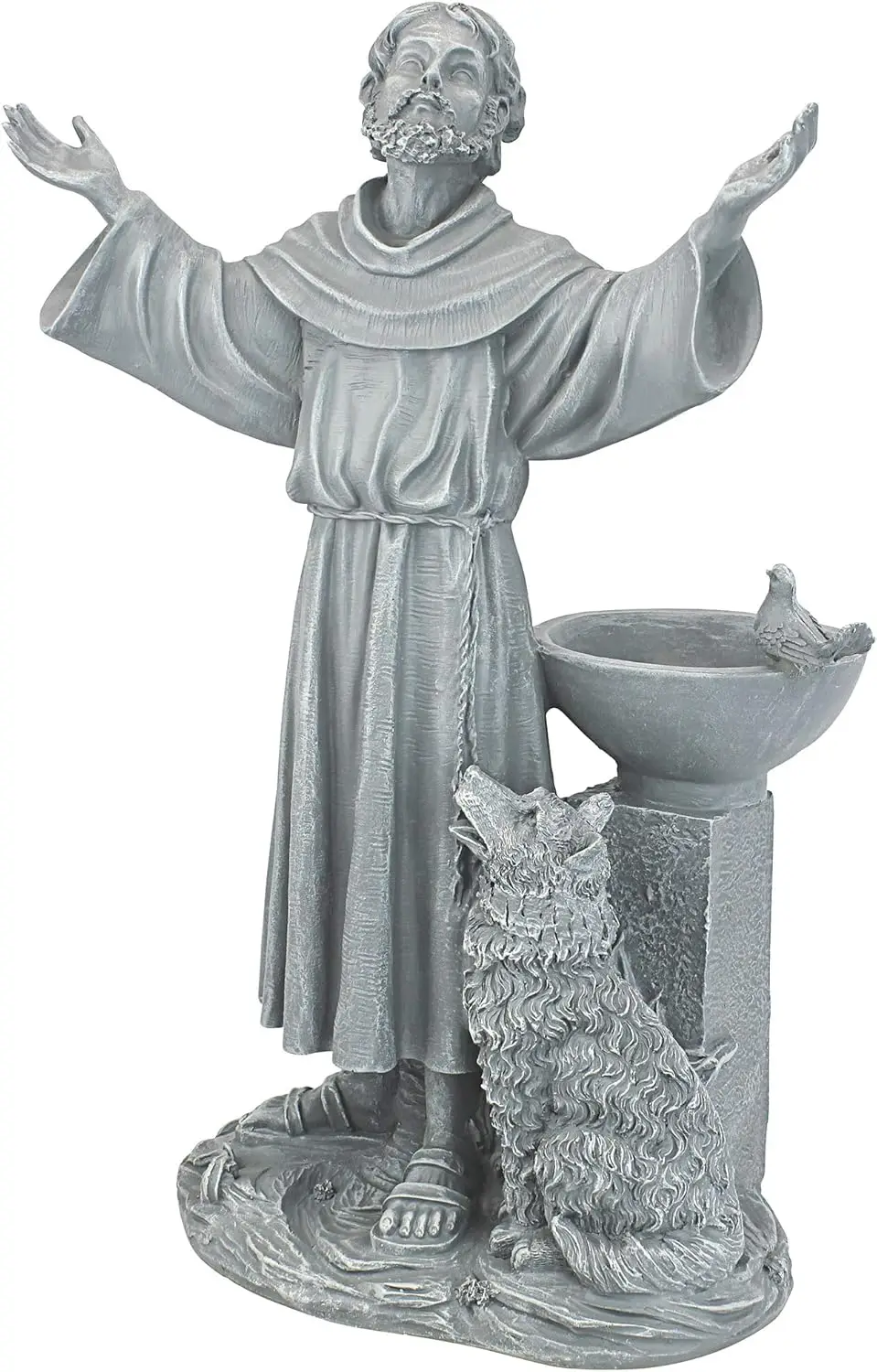 Statua Świętego Franciszka z fontanną dla ptaków, 48 cm wysokości, wykonana z żywicy kamiennej, szara powłoka, do dekoracji zewnętrznych.