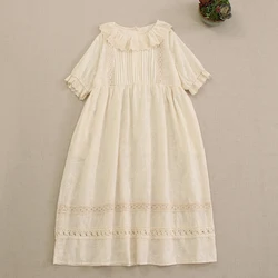 Japanese Sweet Mori Girl Embroidery Ruffle Collar Cotton Midi Dress Women Kawaii Summer Short Sleeve Casual Loose Long Dresses