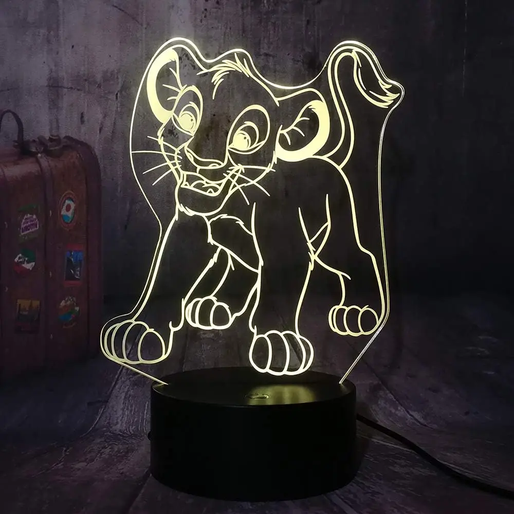 The Lion King Simba Cartoon 3D Visual Figure Ornaments Disney Anime Acrylic Plaque with Night Lights Christmas Gifts For Kid