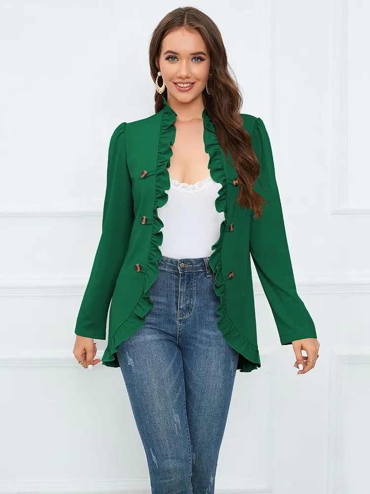 Veste à manches longues à volants pour femmes, haut décontracté, bouton élégant, manteau à la mode, combinaison décontractée, vert, automne, hiver, nouveau, 2023