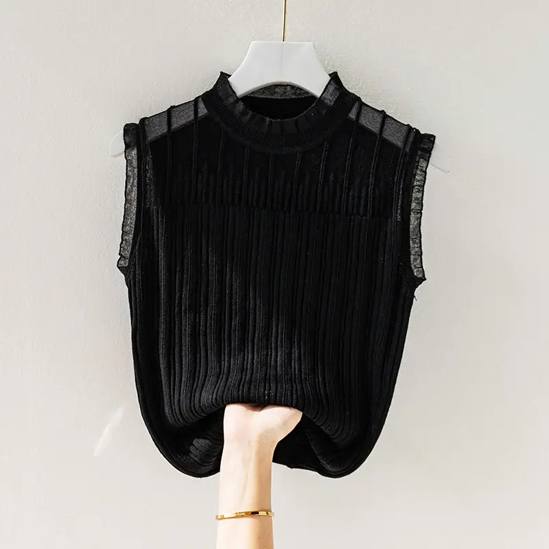 特大レース O ネックニットタンクトップレディース夏のファッションネット糸中空アウトキャミソールトップ Tシャツ女性服オールマッチ Tシャツ