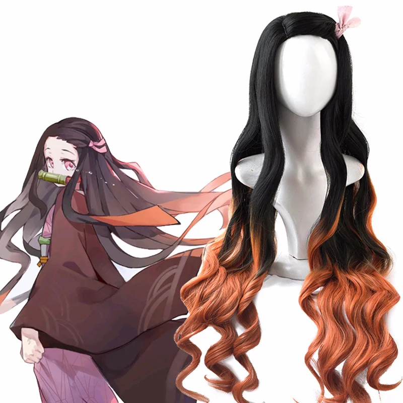 

Anime Nezuko Kamado Nezuko Cosplay Wig Dyeing Layered Gradient Ombre Long Heat Resistant Synthetic Hair Wigs + Wig Cap