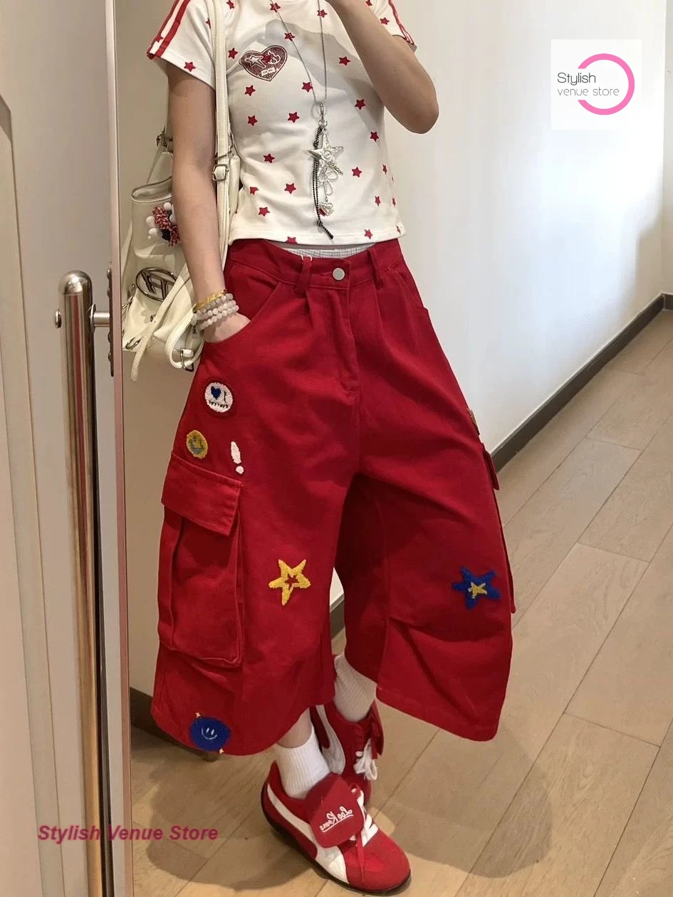 American high street red plus-size star embroidery tooling cropped pants women's summer new fashion design loose wide-leg pants.