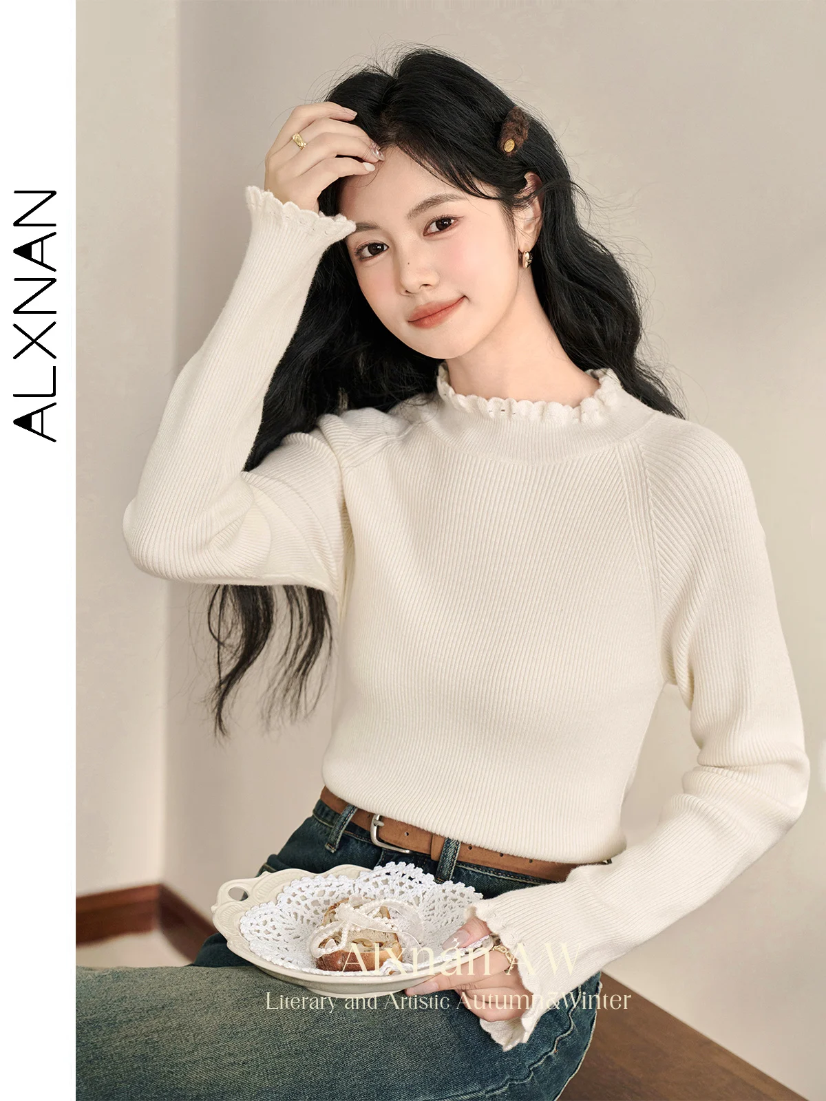 ALXNAN Women's Plus Size Apricot Sweaters Agaric Crochet Round Collar&cuff Long Sleeves 2024 Autumn Winter Knitted Jumper D07610