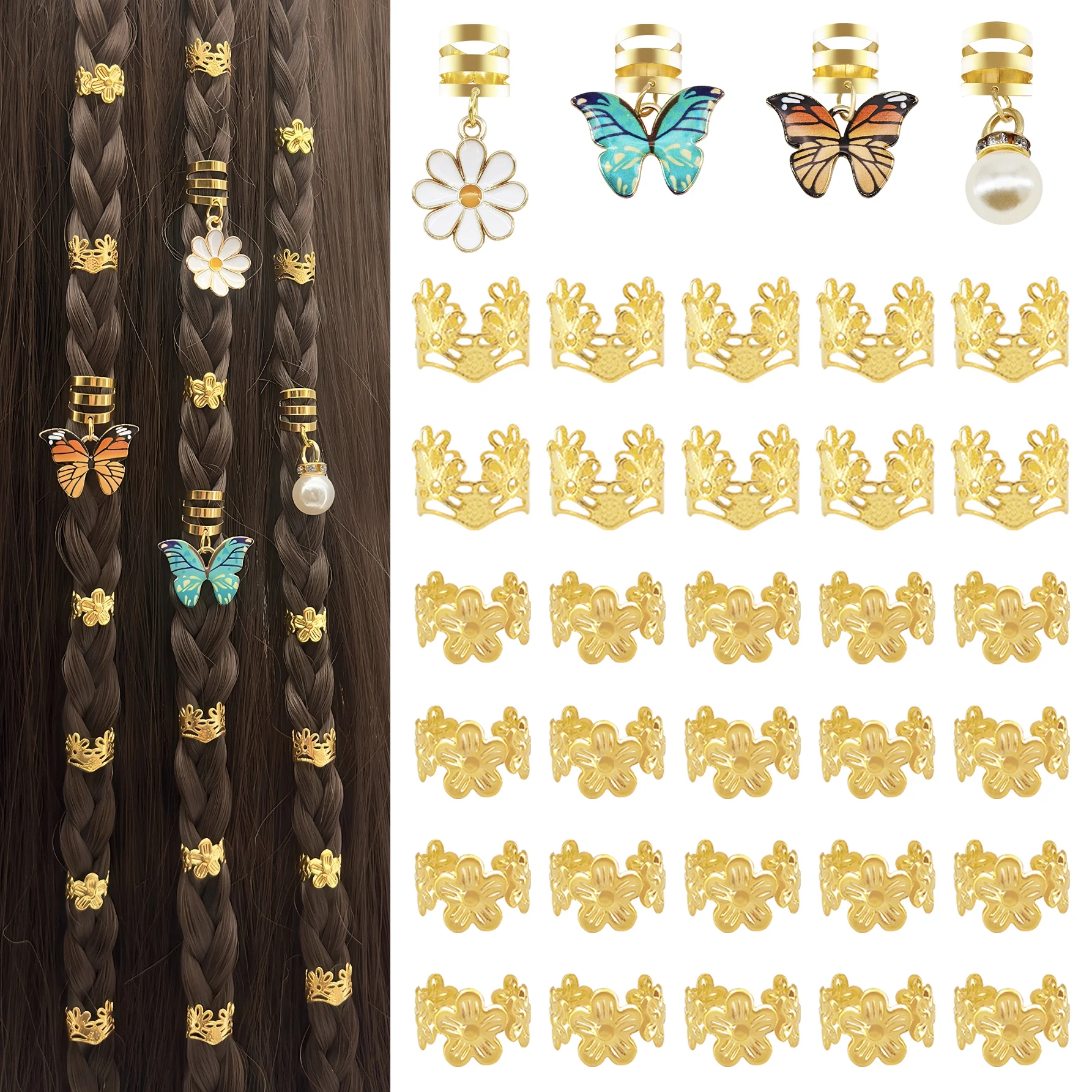 

34pcs Spring Garden Hair Rings with Yellow&Green Butterfly, Daisy, Pearls, Plum Blossom & Crown Elegant Adjustable Alloy Cuffs