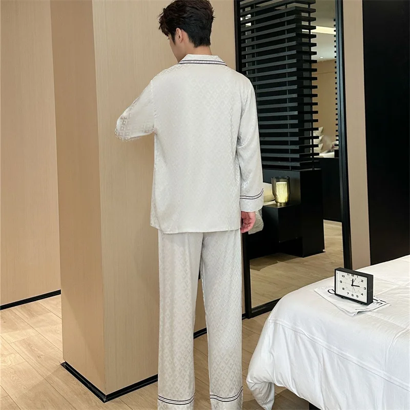 Spring Autumn Men\'s Ice Silk Pajamas Long Sleeve Lapel Cardigan Pants Plaid Jacquard Home Clothing Set Loose Oversized Sleepwear