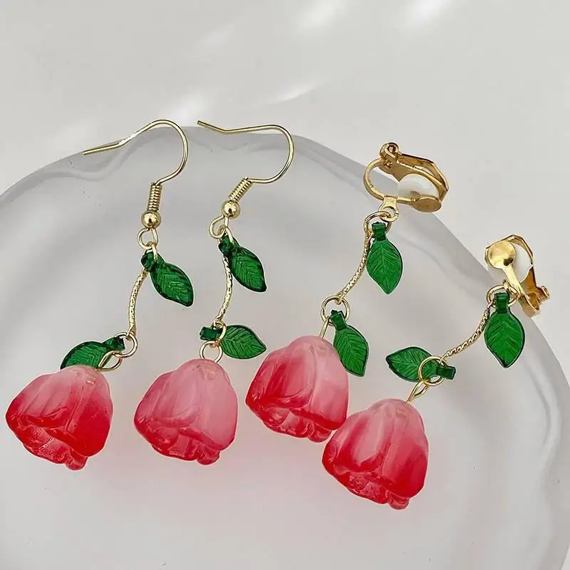 Fashion Pink Tulip Flower Dangle Earrings for Women Trendy Acrylic Green Leaf Drop Earrings Girls Party Sweet Jewelry Gift