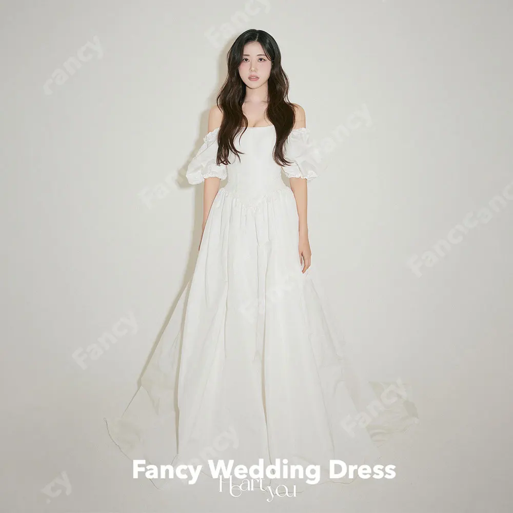 

Fancy Simple Off Shoulder Korea Wedding Dress Photo Shoot Remove Sleeves A Line Bridal Gown Taffeta Back Corset Zip Custom Made