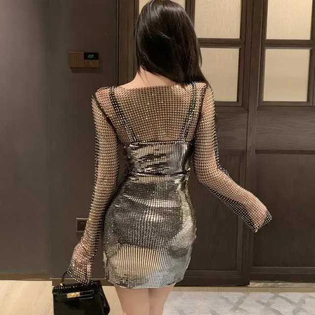 Vroege lente-outfit voor dames Tweedelige set met mesh strass schouderophalen en pailletten bodycon cami-jurk Y2K Pure Desire sexy stijl