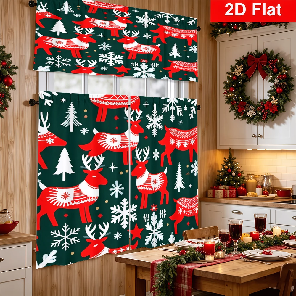 Christmas Kitchen Curtains, Red Reindeer Nordic Pattern, Digital Print, Kitchen Dining Room, Rod Pocket Polyester, Home Decor
