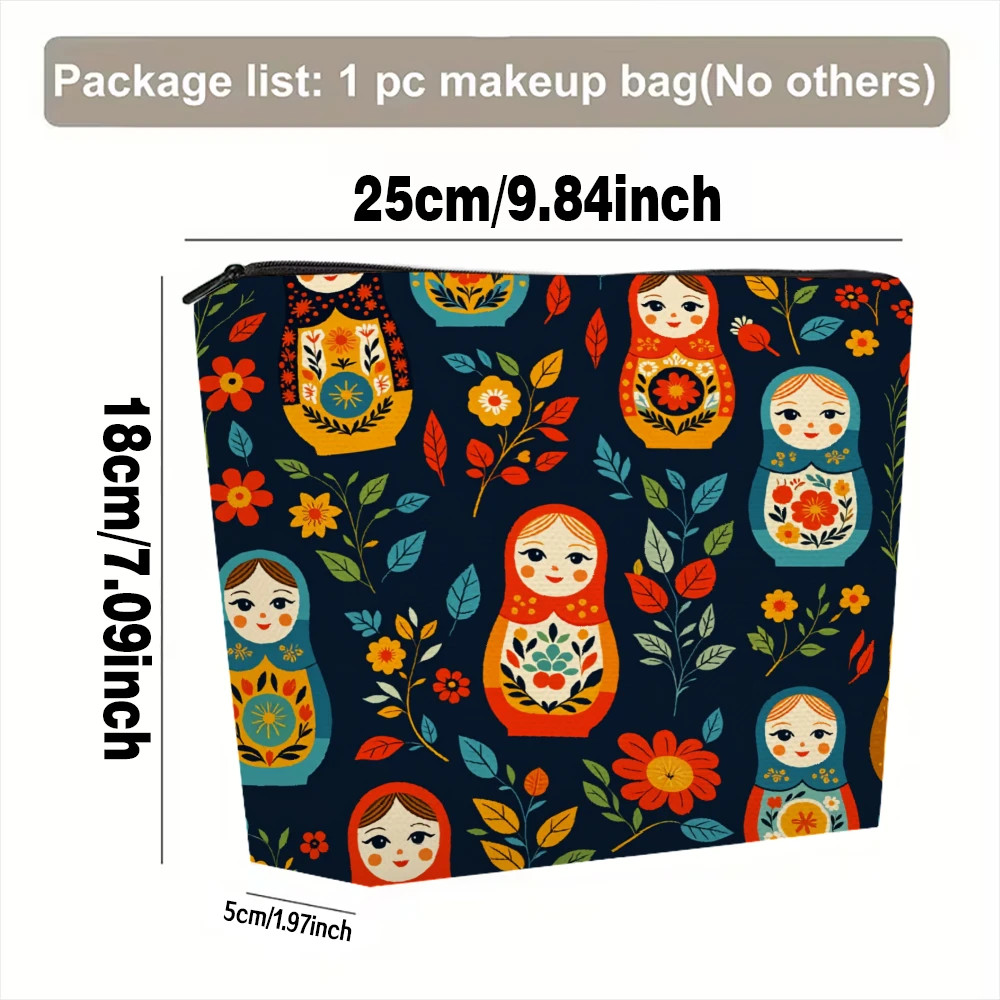 Matryoshka Dolls Flowers Leaves Pattern Makeup Bags for Girls Cosmetic Pouch Toiletry Bag Pencil Case Travel Storage