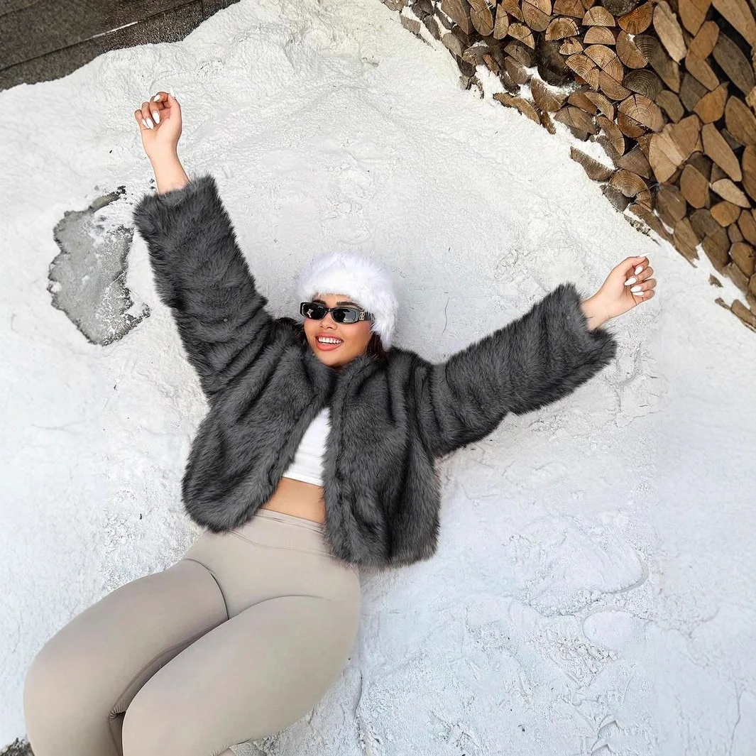 سترة نسائية شتوية من الفرو الاصطناعي لعام 2025 معطف دائري سميك دافئ منفوش معطف فرو صناعي متدرج معطف فرو ملون #5