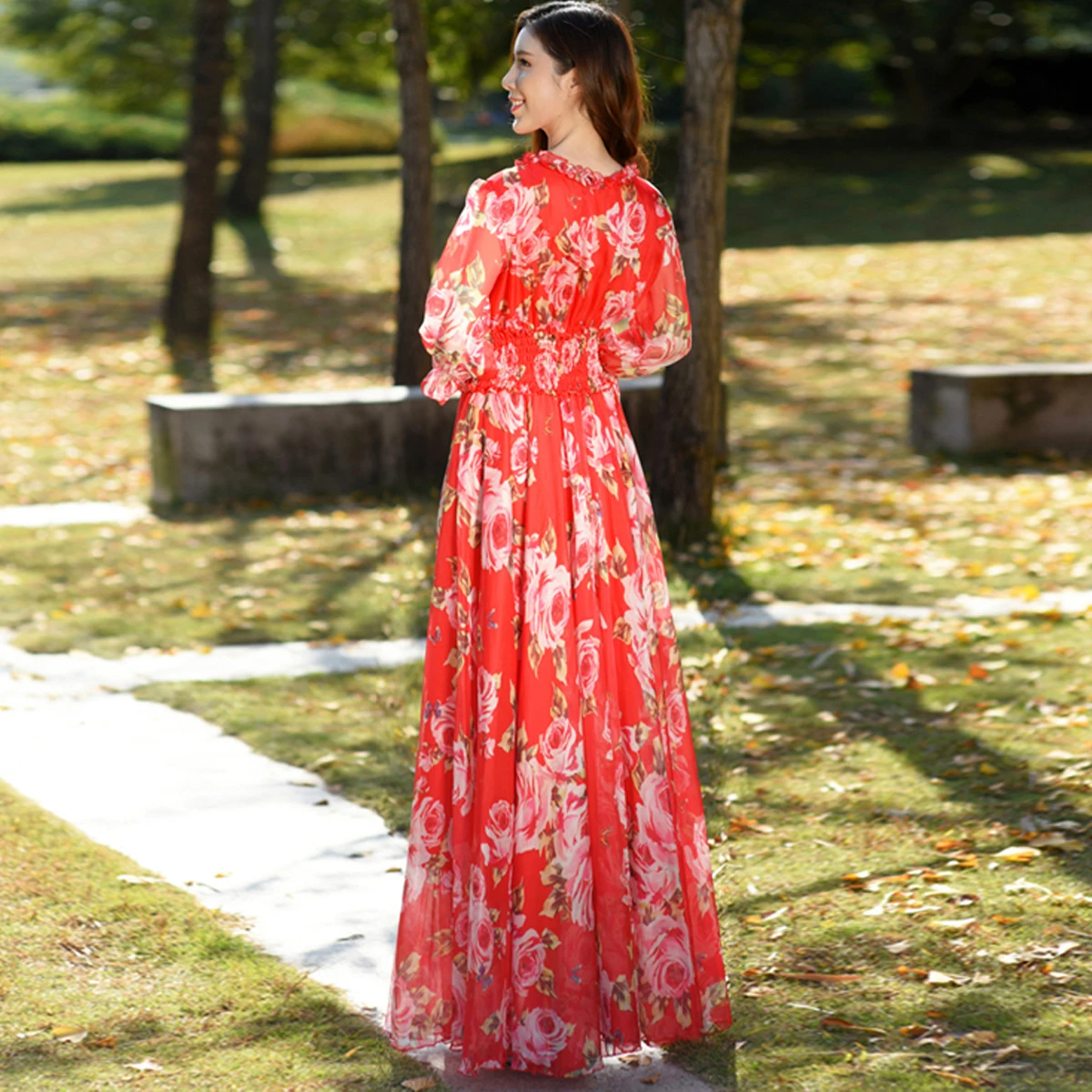 여름 휴가 꽃무늬 쉬폰 맥시 드레스와 프릴 슬리브 신축성 있는 허리 쉬폰 롱 드레스로 로맨틱한 순간을 선사합니다