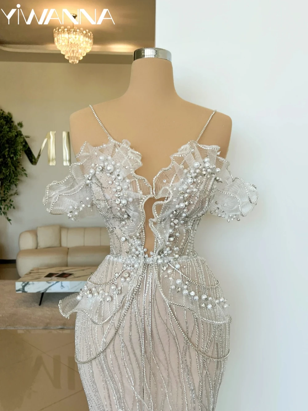 

Sexy Illusion Deep V-neck Wedding Dress Luxury Shiny Beads Pearls Bridal Gown Customized Spaghetti Straps Dresses For Bride