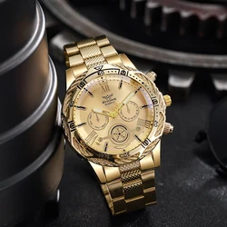 Reloj analógico de acero inoxidable para hombre, cronógrafo de pulsera de alta calidad, color dorado, estilo informal, ideal para negocios, 2024