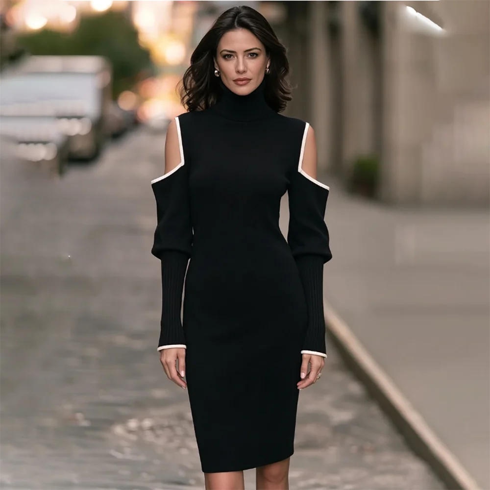 Customized Women Turtleneck Knit Midi Dress Cold Shoulder Long Sleeve Contrast Trim Bodycon Party Dress