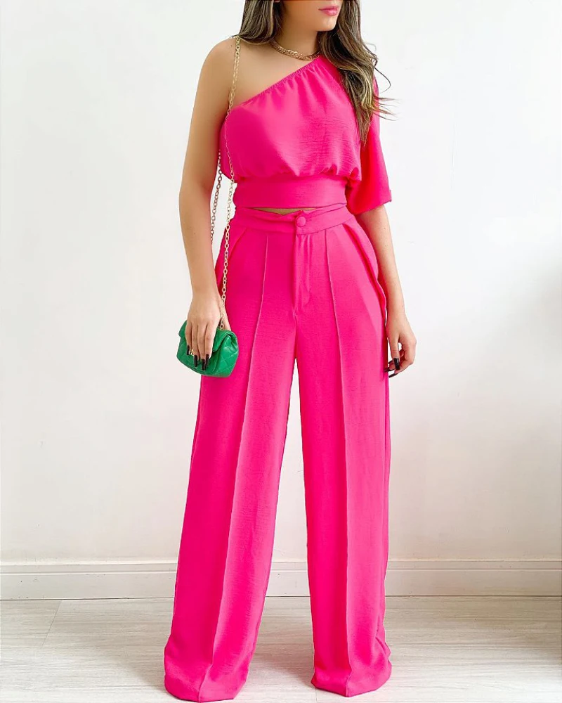

Summer Trousers Outfits Two Piece One Shoulder Half Sleeve Top and Women Wear High Waist Button Ruched Wide Leg Pants Set