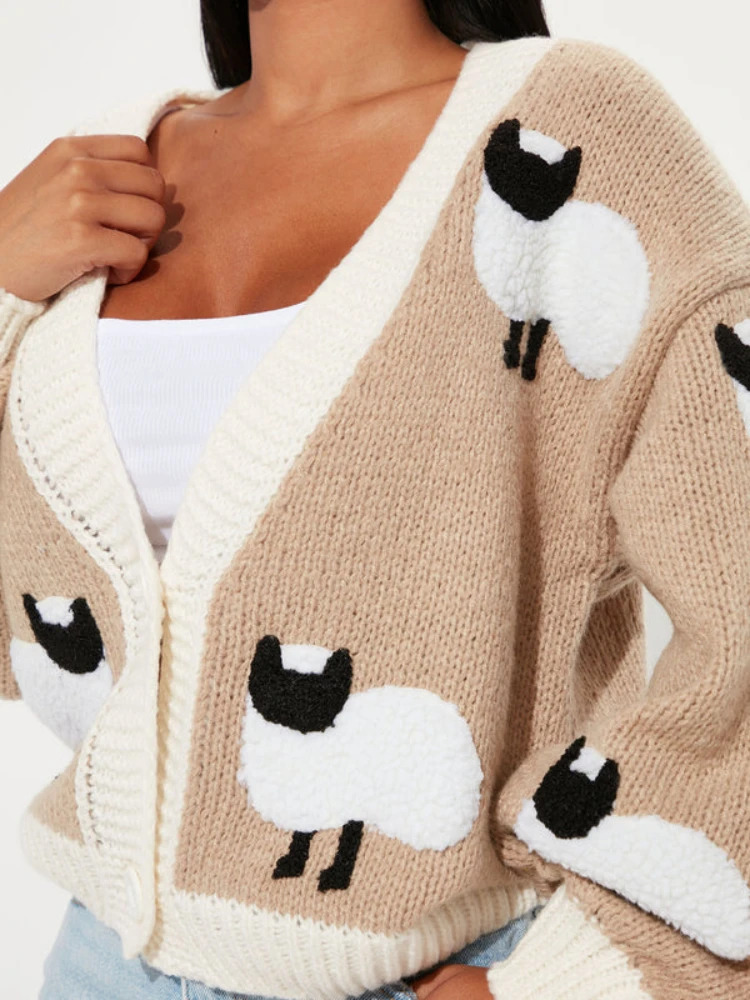 Sheep Pattern Chunky Cardigan Button Front Cute Cartoon Sweater Long Sleeve V Neck Autumn Women Jumper Knitwear